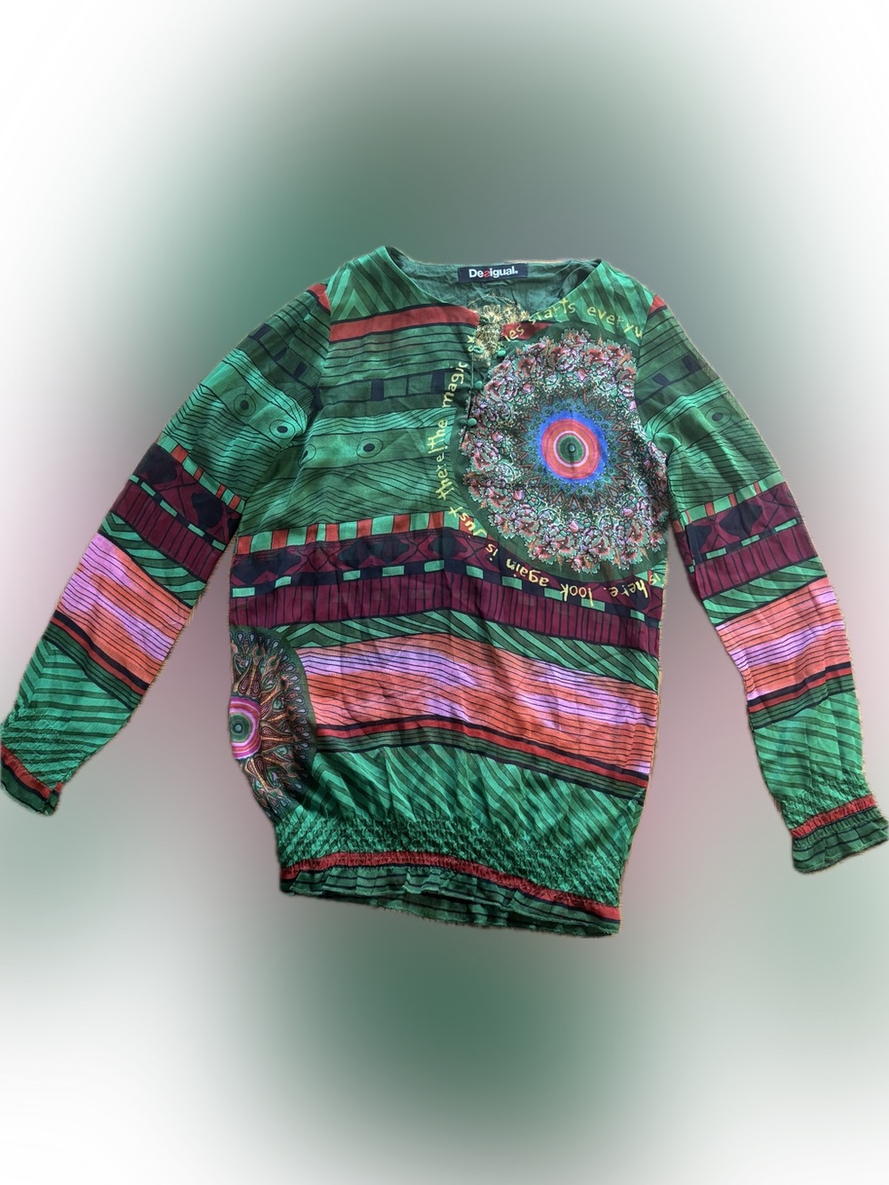 Desigual Size L Green Multicolor Boho Print Long Sleeve Blouse
